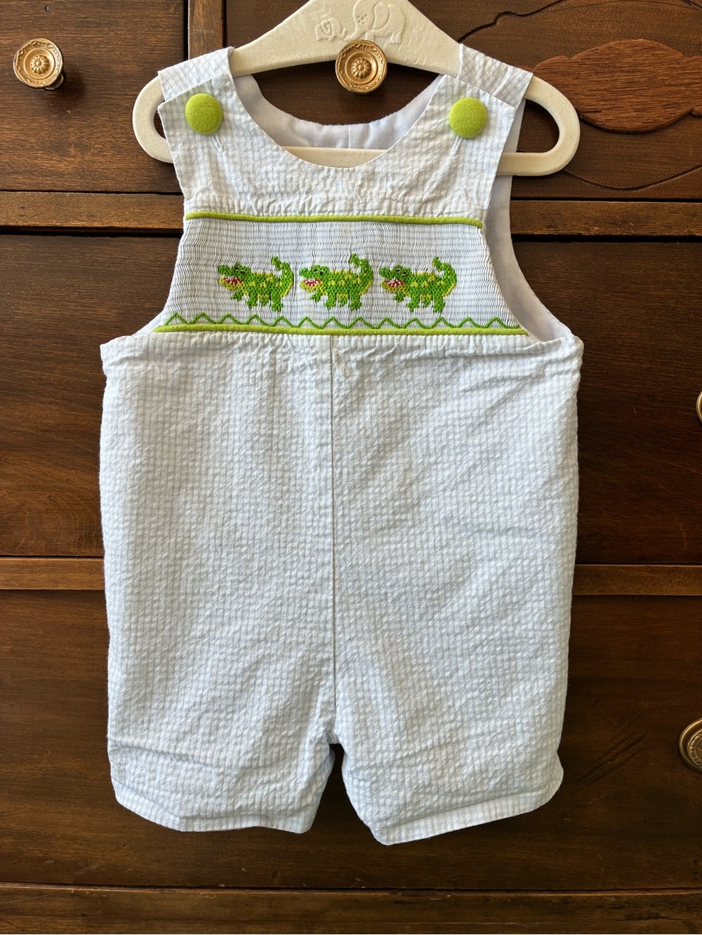 Smocked Seersucker Baby Shortall with Green Smocked Alligator
